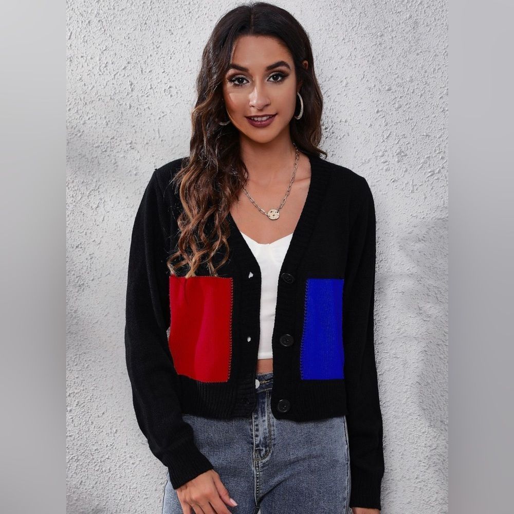 Black, Red, & Blue Color Block Button Up Long Sleeve Cardigan